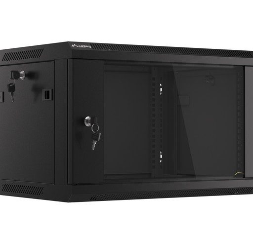 Rack cabinet 19" wall mount 6U 600x450 flat pack with glass door black V2 Lanberg