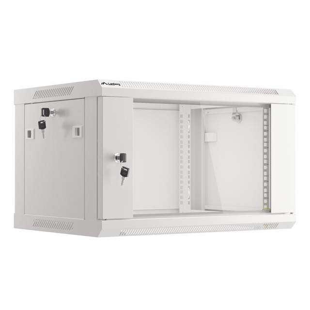 Rack cabinet 19" wall mount 6U 600x450 flat pack with glass door gray V2 Lanberg