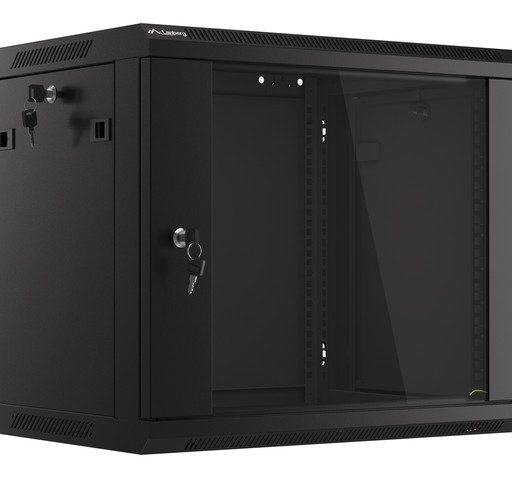 Rack cabinet 19" wall mount 9U 600x450 flat pack with glass door black V2 Lanberg