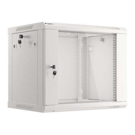 Rack cabinet 19" wall mount 9U 600x450 flat pack with glass door gray V2 Lanberg