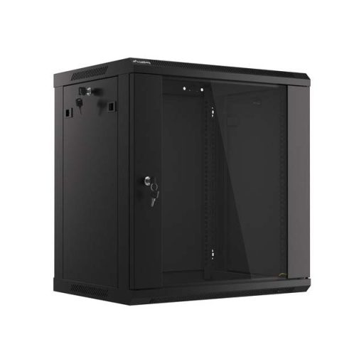 Rack cabinet 19" wall mount 12U 600x450 flat pack with glass door black V2 Lanberg