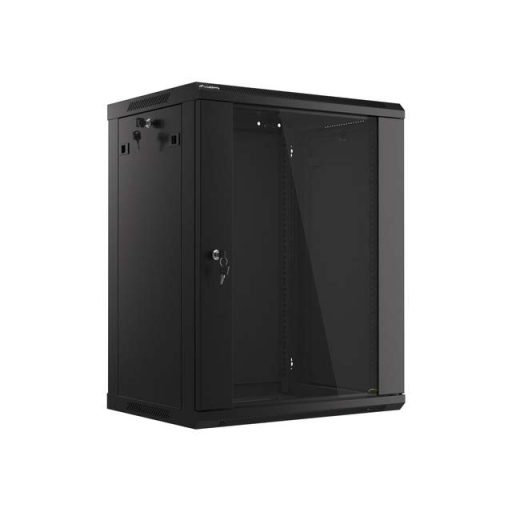 Rack cabinet 19" wall mount 15U 600x450 flat pack with glass door black V2 Lanberg