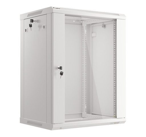 Rack cabinet 19" wall mount 15U 600x450 flat pack with glass door gray V2 Lanberg