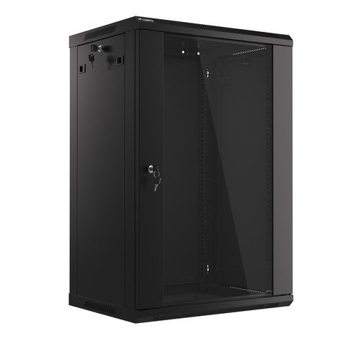 Rack cabinet 19" wall mount 18U 600x450 flat pack with glass door black V2 Lanberg