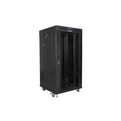 Rack cabinet 19" free standing 22U 600x600 flat pack with glass door LCD black Lanberg