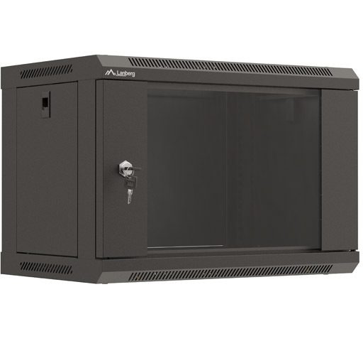 Rack cabinet 19" wall mount 6U 540x350 flat pack with glass door black Lanberg